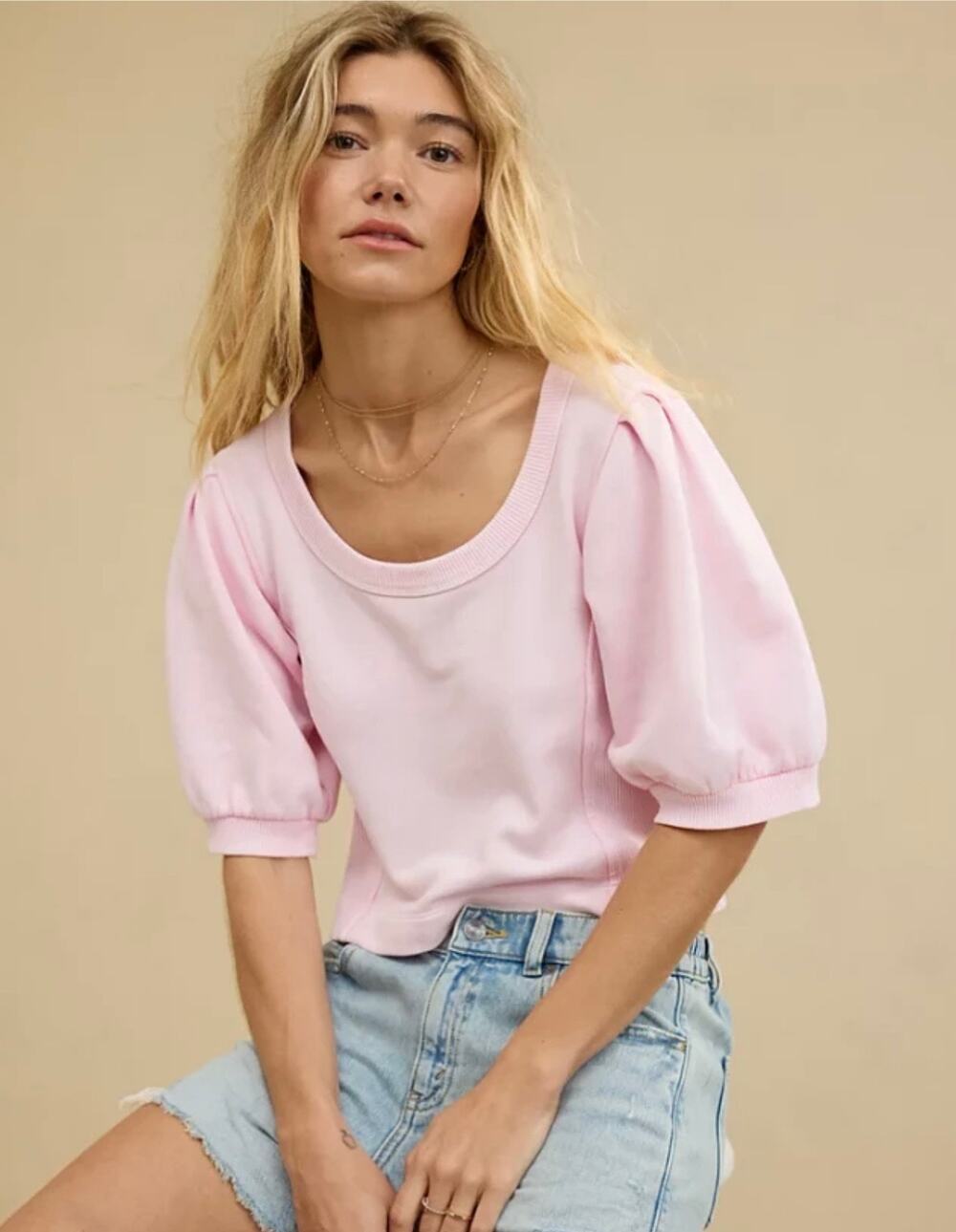 Aerie Seams Right Short Sleeve Cropped Sweatshirt Women's Medium Soft Pink